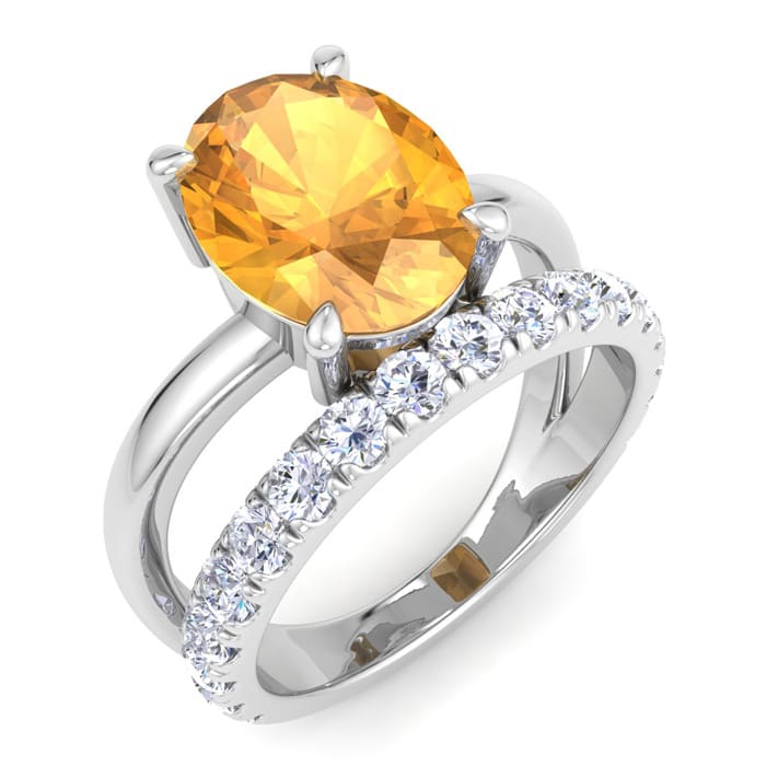 2 3/4 Carat Oval Shape Citrine and Halo Diamond Ring Plus Band In 14 Karat White Gold
