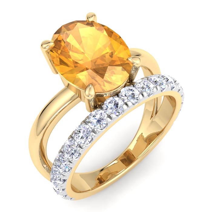 2 3/4 Carat Oval Shape Citrine and Halo Diamond Ring Plus Band In 14 Karat Yellow Gold