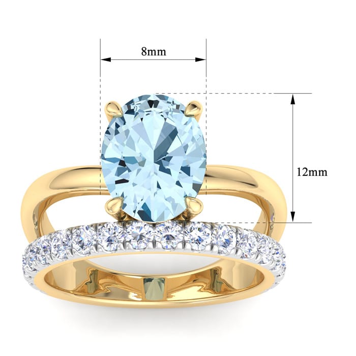 2 3/4 Carat Oval Shape Aquamarine and Halo Diamond Ring Plus Band In 14 Karat Yellow Gold