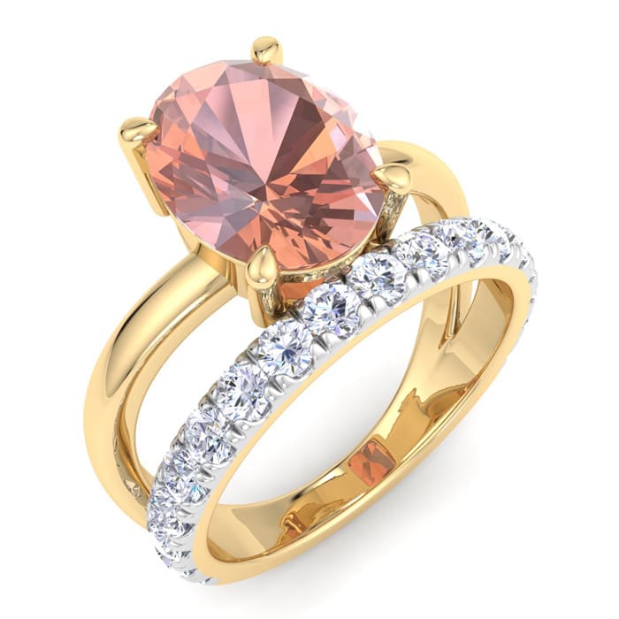 2-3/4 Carat Oval Shape Morganite and Halo Diamond Ring Plus Band In 14 Karat Yellow Gold