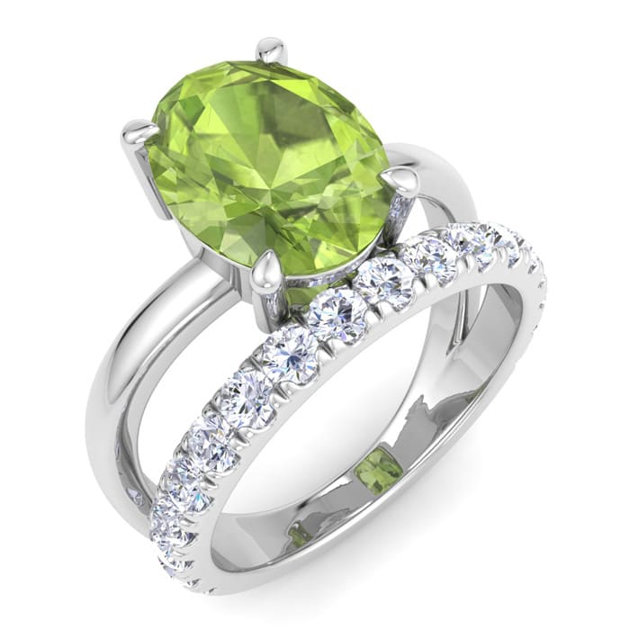 3 Carat Oval Shape Peridot and Halo Diamond Ring Plus Band In 14 Karat White Gold