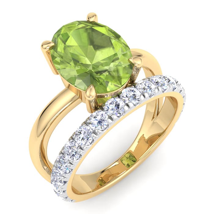 3 Carat Oval Shape Peridot and Halo Diamond Ring Plus Band In 14 Karat Yellow Gold