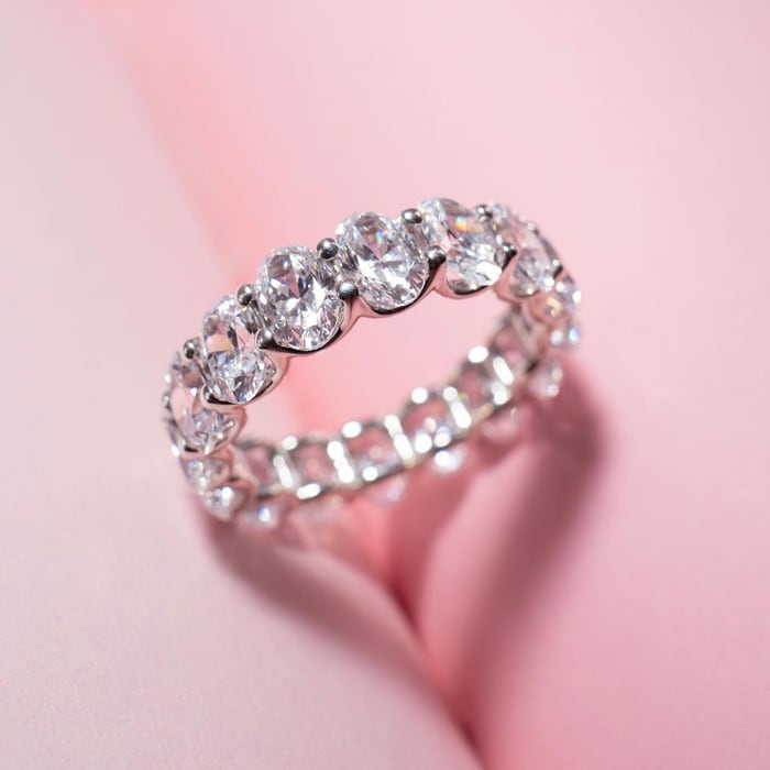 8 Carat Oval Shape Lab Grown Diamond Eternity Ring In 14 Karat White Gold, Ring Size 4