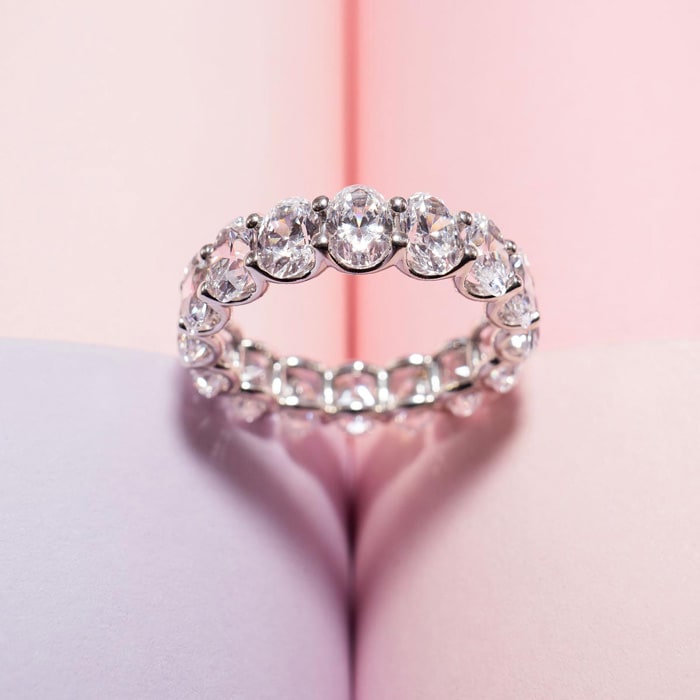 9 1/2 Carat Oval Shape Lab Grown Diamond Eternity Ring In 14 Karat White Gold, Ring Size 8.5