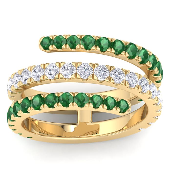 1 1/2 Carat Diamond and Emerald Wrap Ring In 14 Karat Yellow Gold