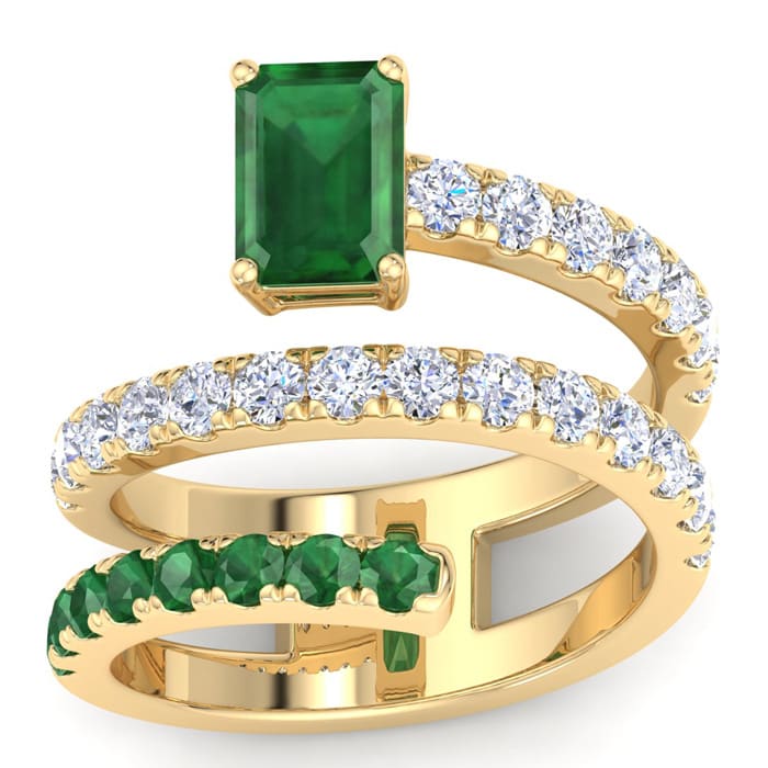 1 3/4 Carat Lab Grown Diamond and Emerald Wrap Ring In 14 Karat Yellow Gold