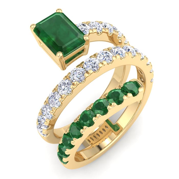 1 3/4 Carat Lab Grown Diamond and Emerald Wrap Ring In 14 Karat Yellow Gold