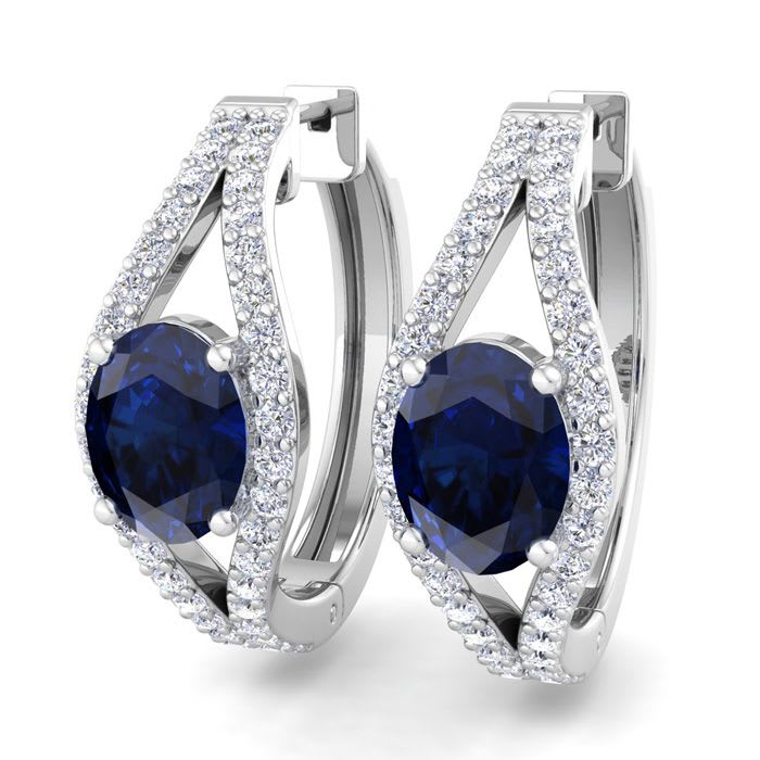 2 1/4 Carat Sapphire and Lab Grown Diamond Hoop Earrings In 14 Karat White Gold