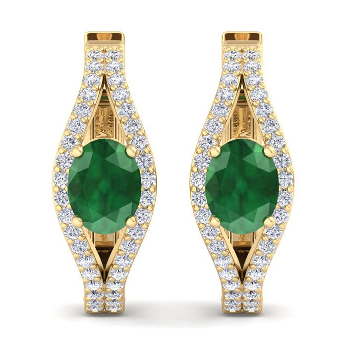 2 1/4 Carat Emerald and Lab Grown Diamond Hoop Earrings In 14 Karat Yellow Gold