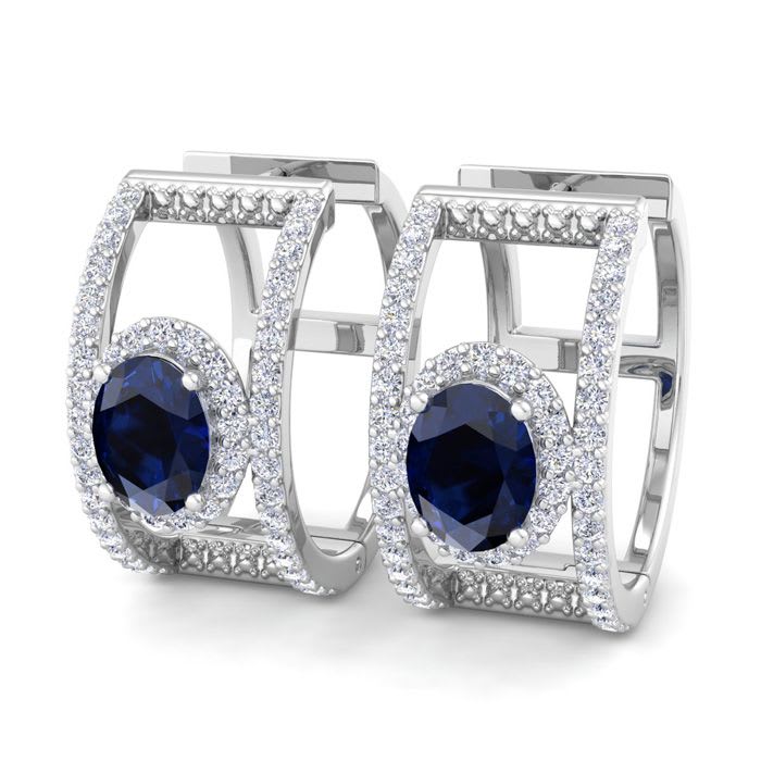 2 1/2 Carat Sapphire and Lab Grown Diamond Hoop Earrings In 14 Karat White Gold