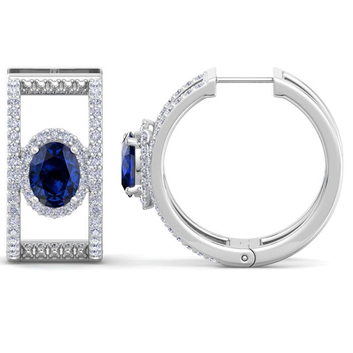 2 1/2 Carat Sapphire and Lab Grown Diamond Hoop Earrings In 14 Karat White Gold