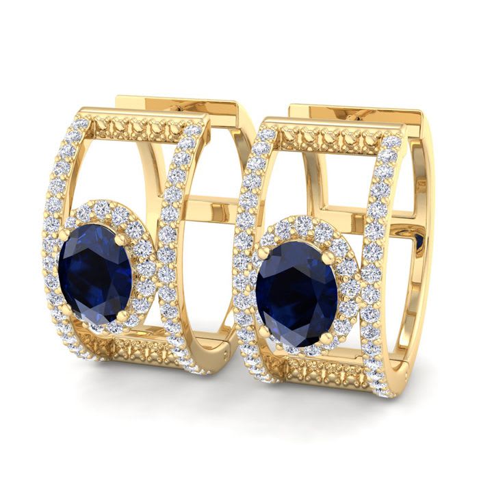 2 1/2 Carat Sapphire and Lab Grown Diamond Hoop Earrings In 14 Karat Yellow Gold