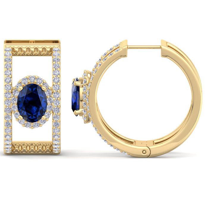 2 1/2 Carat Sapphire and Lab Grown Diamond Hoop Earrings In 14 Karat Yellow Gold