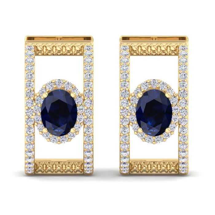 2 1/2 Carat Sapphire and Lab Grown Diamond Hoop Earrings In 14 Karat Yellow Gold