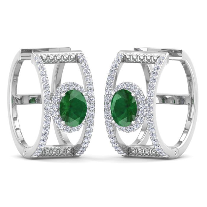 2 1/2 Carat Emerald and Lab Grown Diamond Hoop Earrings In 14 Karat White Gold