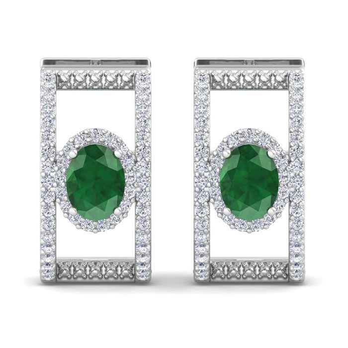 2 1/2 Carat Emerald and Lab Grown Diamond Hoop Earrings In 14 Karat White Gold