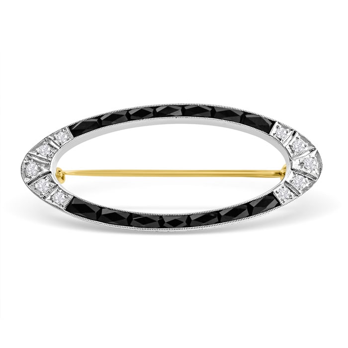 Estate Jewelry 14K White and Yellow Gold White Sapphire and Black Onyx Pin, 1-1/2 Inches