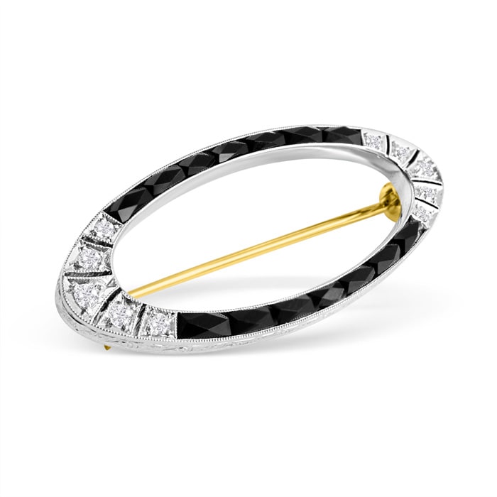 Estate Jewelry 14K White and Yellow Gold White Sapphire and Black Onyx Pin, 1-1/2 Inches