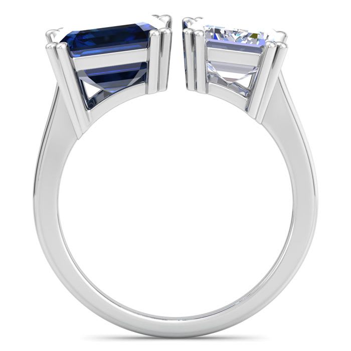 6 Carat Sapphire and Lab Grown Diamond Two Stone Engagement Ring In 14 Karat White Gold, Emerald
