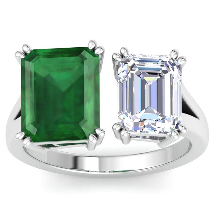 6 Carat Emerald and Lab Grown Diamond Two Stone Engagement Ring In 14 Karat White Gold, Emerald