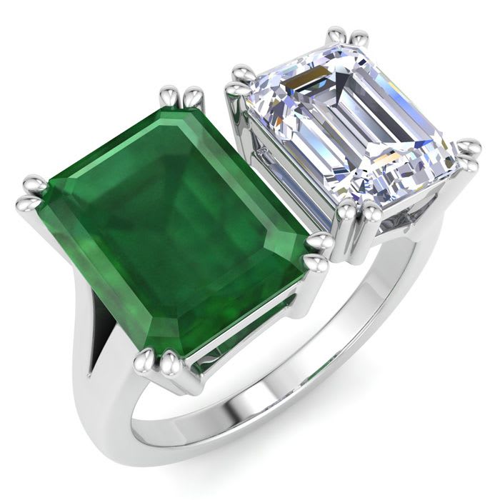 6 Carat Emerald and Lab Grown Diamond Two Stone Engagement Ring In 14 Karat White Gold, Emerald
