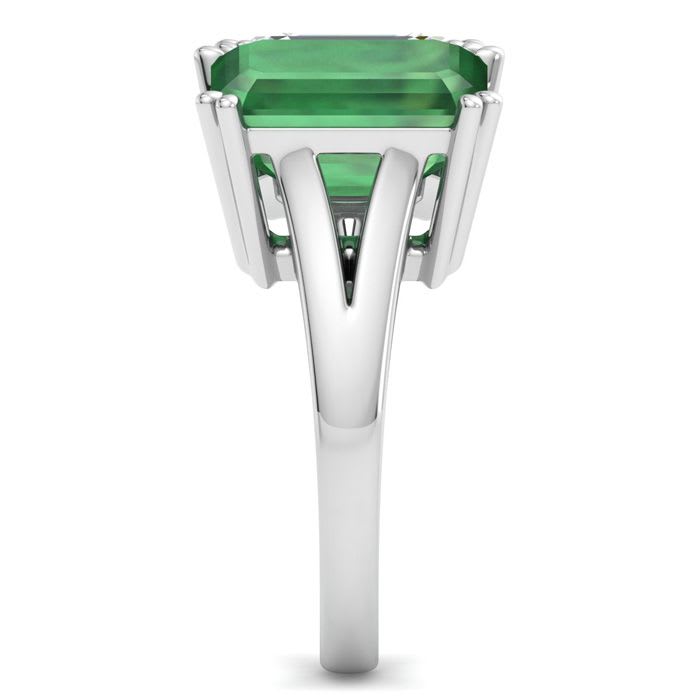 6 Carat Emerald and Lab Grown Diamond Two Stone Engagement Ring In 14 Karat White Gold, Emerald