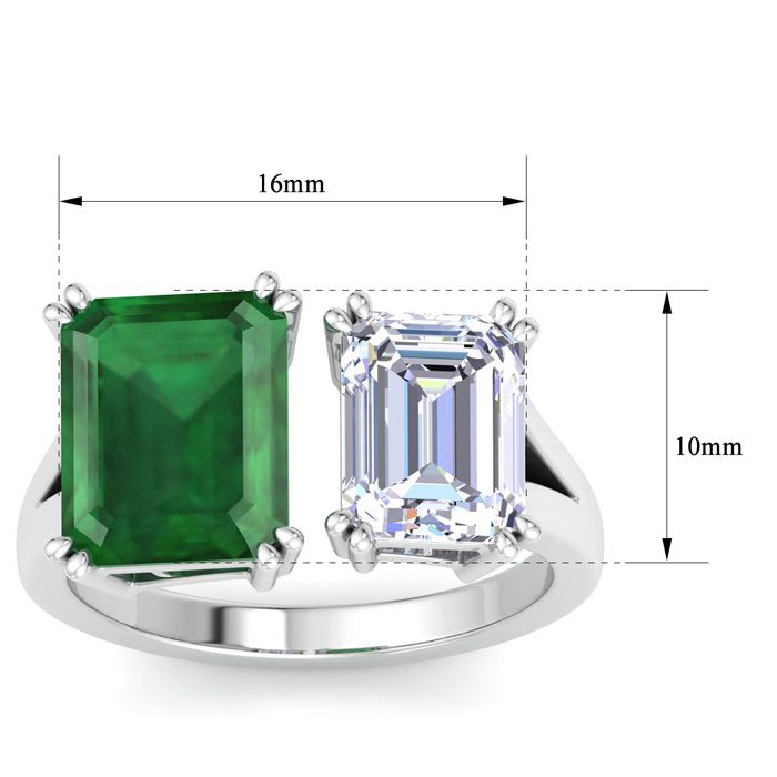 6 Carat Emerald and Lab Grown Diamond Two Stone Engagement Ring In 14 Karat White Gold, Emerald