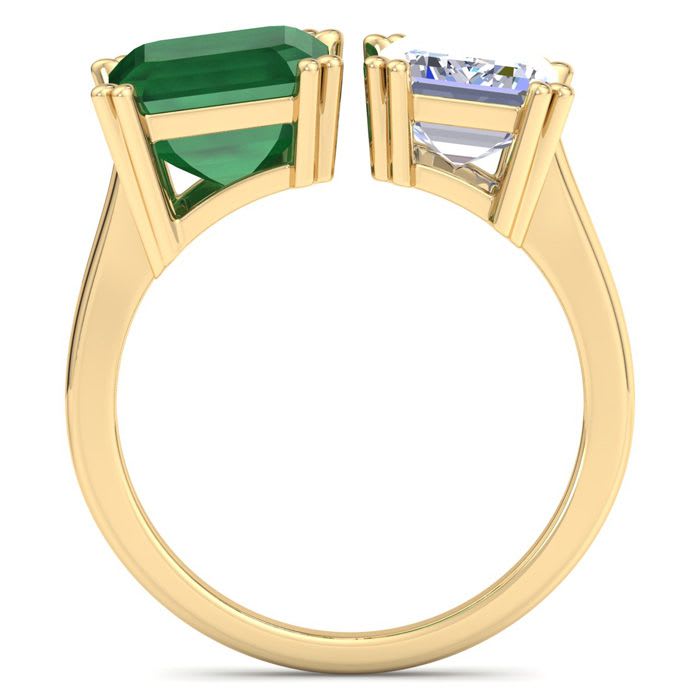 6 Carat Emerald and Lab Grown Diamond Two Stone Engagement Ring In 14 Karat Yellow Gold, Emerald