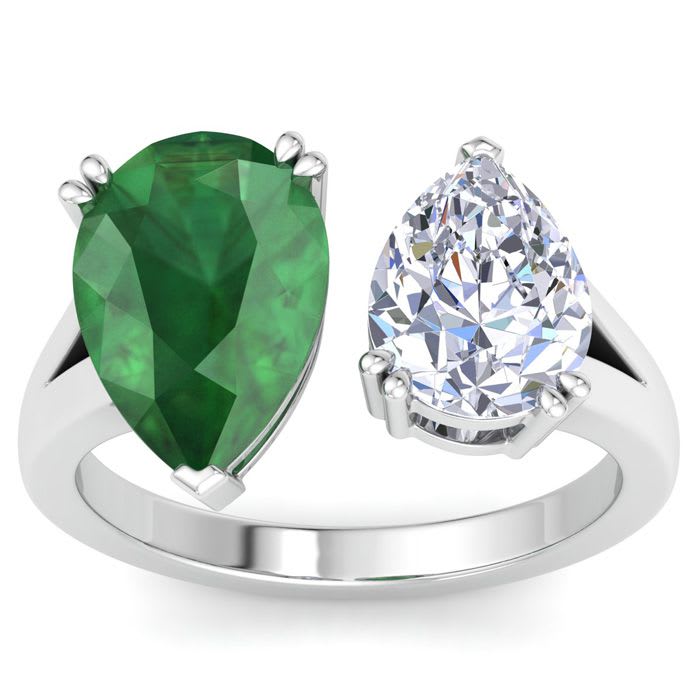 4 3/4 Carat Emerald and Lab Grown Diamond Two Stone Engagement Ring In 14 Karat White Gold, Pear