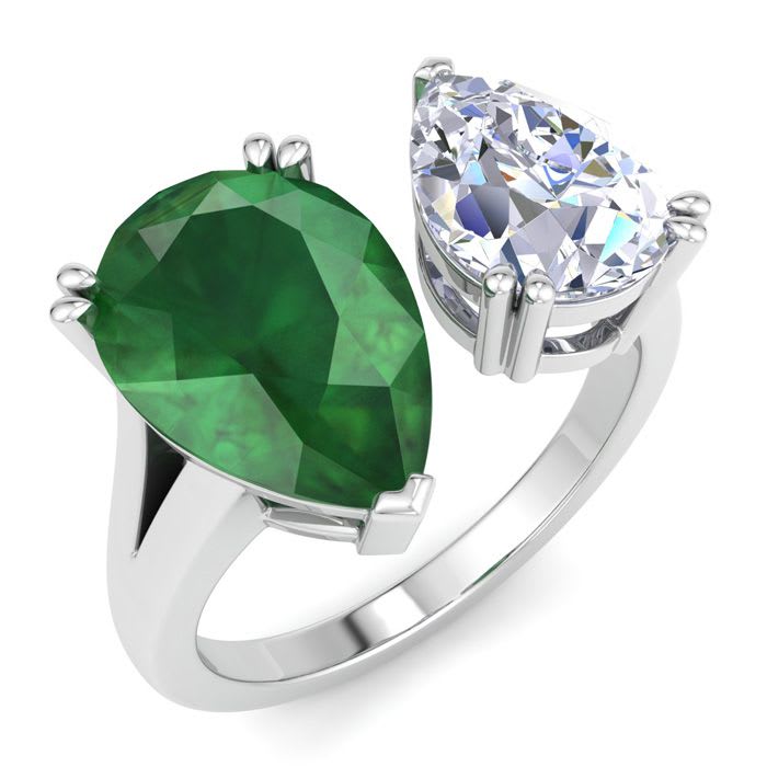 4 3/4 Carat Emerald and Lab Grown Diamond Two Stone Engagement Ring In 14 Karat White Gold, Pear