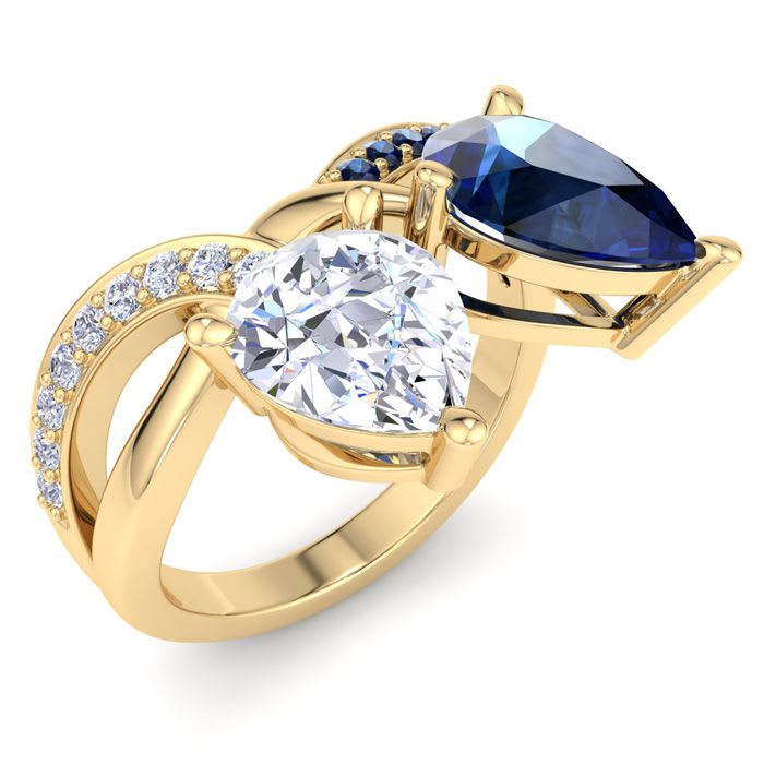 3 1/2 Carat Sapphire and Lab Grown Diamond Two Stone Engagement Ring In 14 Karat Yellow Gold, Pear