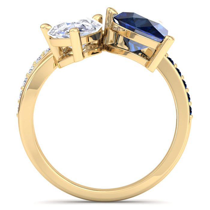 3 1/2 Carat Sapphire and Lab Grown Diamond Two Stone Engagement Ring In 14 Karat Yellow Gold, Pear