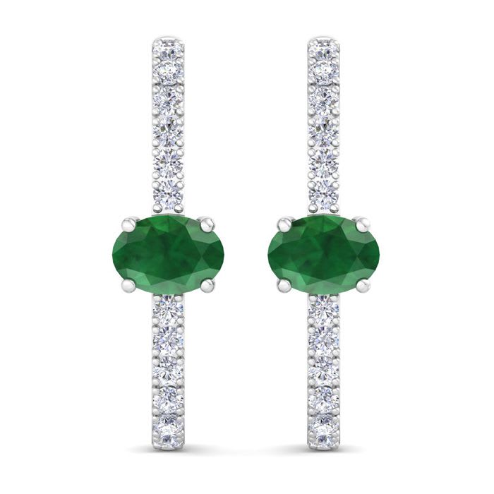 2 Carat Emerald and Lab Grown Diamond Hoop Earrings In 14 Karat White Gold