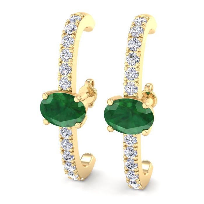 2 Carat Emerald and Lab Grown Diamond Hoop Earrings In 14 Karat Yellow Gold
