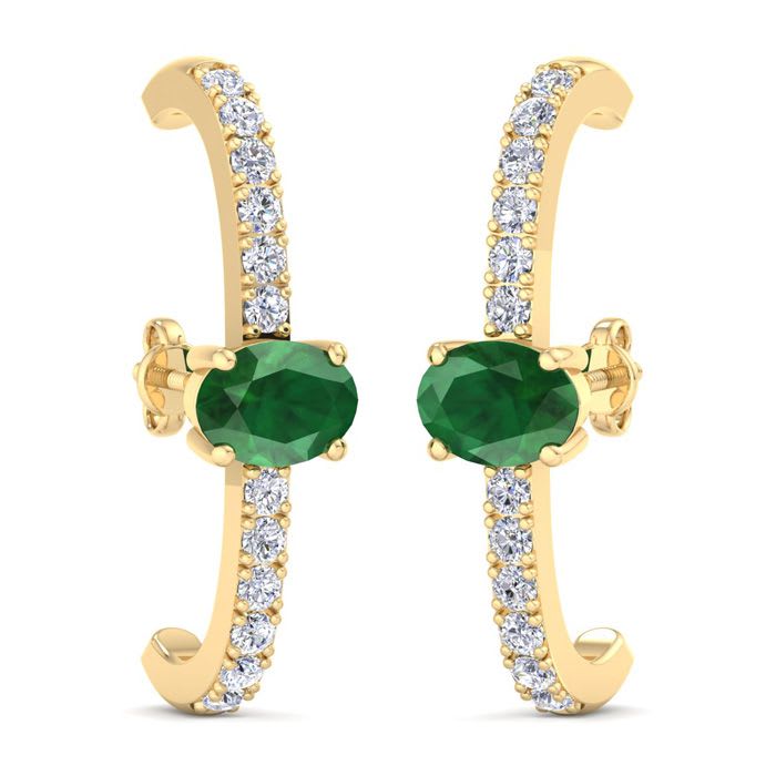 2 Carat Emerald and Lab Grown Diamond Hoop Earrings In 14 Karat Yellow Gold