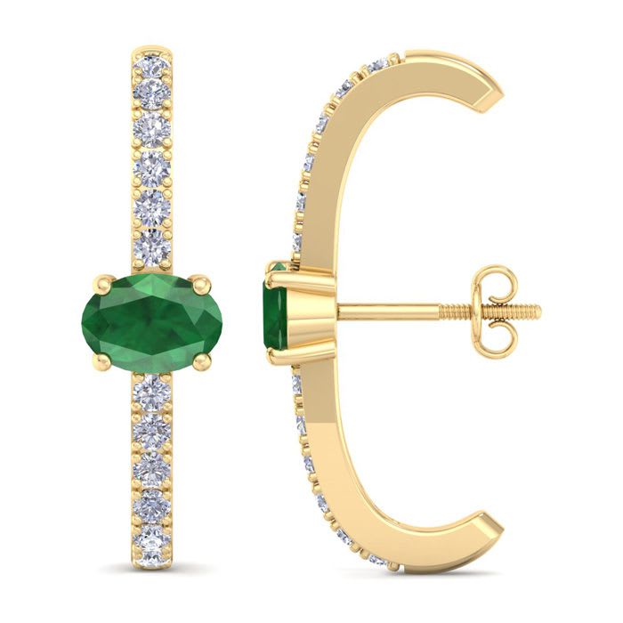 2 Carat Emerald and Lab Grown Diamond Hoop Earrings In 14 Karat Yellow Gold