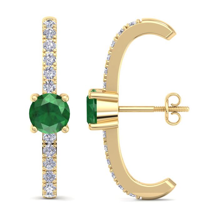 2 Carat Emerald and Lab Grown Diamond Hoop Earrings In 14 Karat Yellow Gold