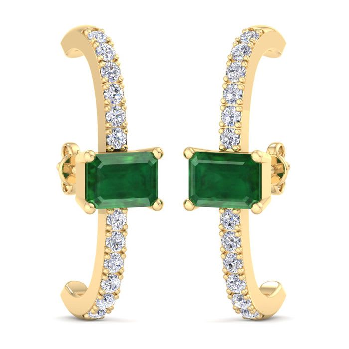2 1/2 Carat Emerald and Lab Grown Diamond Hoop Earrings In 14 Karat Yellow Gold