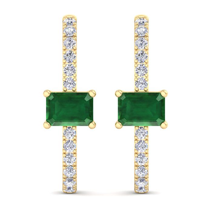 2 1/2 Carat Emerald and Lab Grown Diamond Hoop Earrings In 14 Karat Yellow Gold