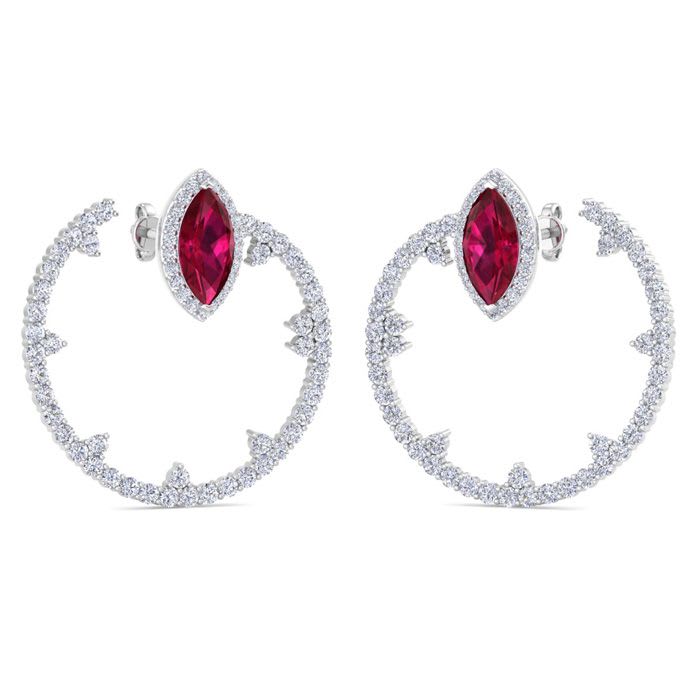 6 Carat Ruby and Lab Grown Diamond Hoop Earrings In 14 Karat White Gold
