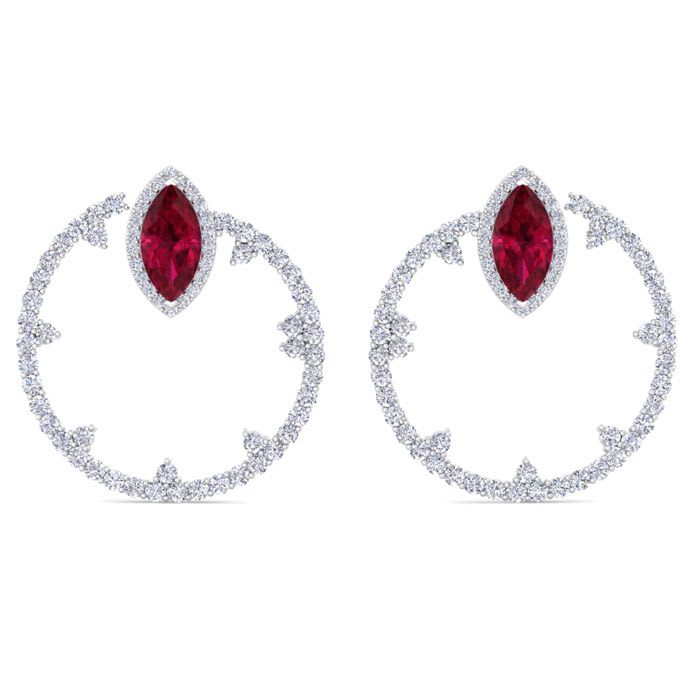 6 Carat Ruby and Lab Grown Diamond Hoop Earrings In 14 Karat White Gold