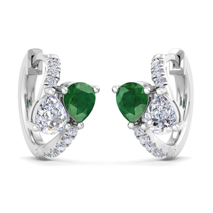 1 1/2 Carat Emerald and Lab Grown Diamond Hoop Earrings In 14 Karat White Gold