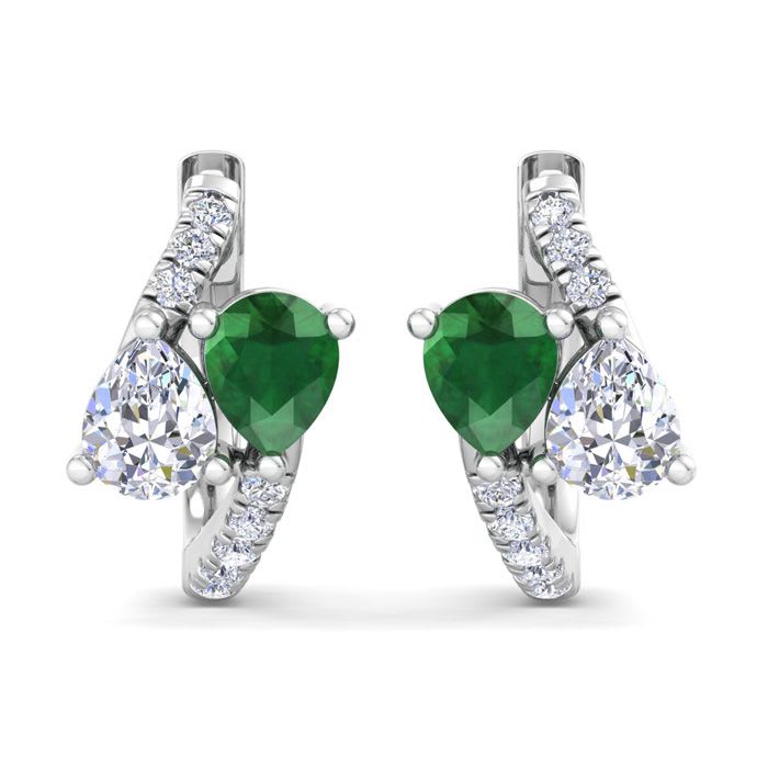 1 1/2 Carat Emerald and Lab Grown Diamond Hoop Earrings In 14 Karat White Gold