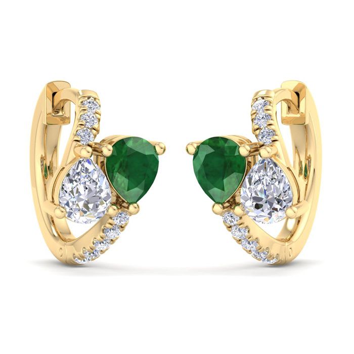 1 1/2 Carat Emerald and Lab Grown Diamond Hoop Earrings In 14 Karat Yellow Gold