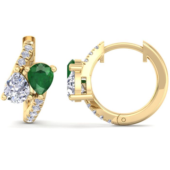 1 1/2 Carat Emerald and Lab Grown Diamond Hoop Earrings In 14 Karat Yellow Gold