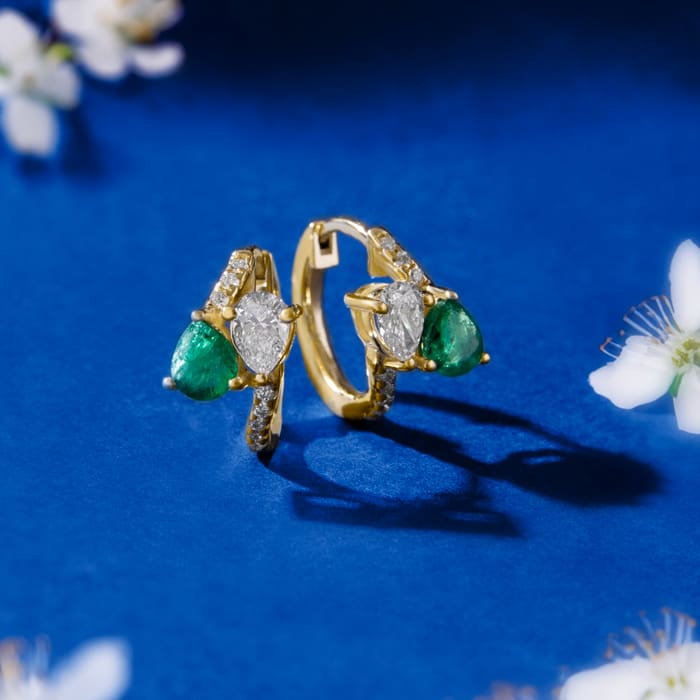 1 1/2 Carat Emerald and Lab Grown Diamond Hoop Earrings In 14 Karat Yellow Gold