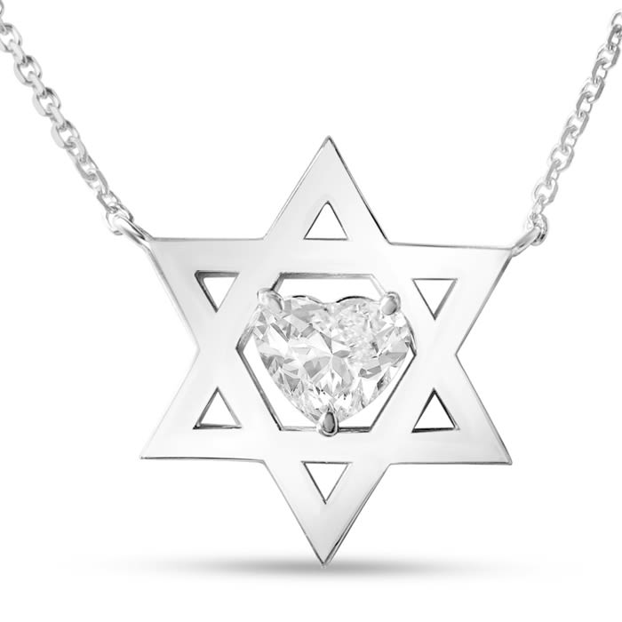 Star of David Necklace With 3/4 Carat Heart Shape Lab Grown Diamond In 14K White Gold, 16-18 Inches