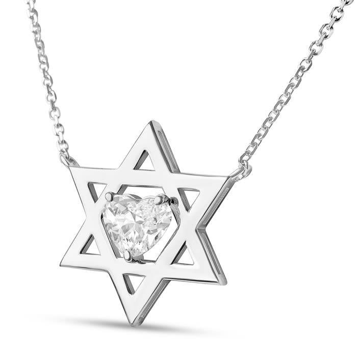 Star of David Necklace With 3/4 Carat Heart Shape Lab Grown Diamond In 14K White Gold, 16-18 Inches