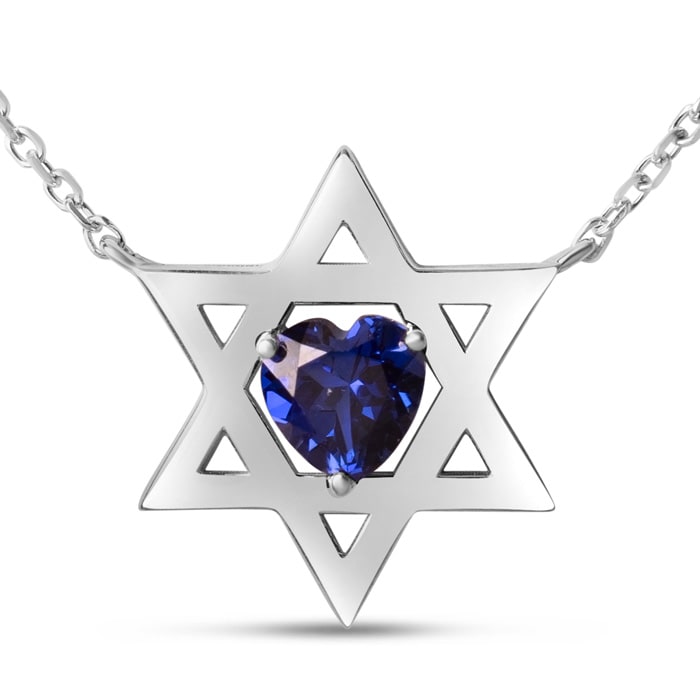 Star of David Necklace With 3/4 Carat Heart Shape Created Sapphire In 14K White Gold