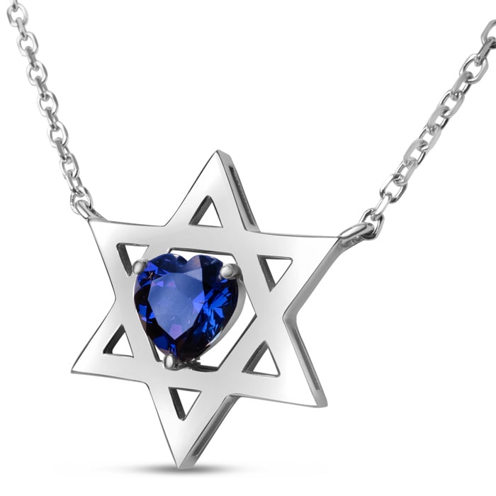 Star of David Necklace With 3/4 Carat Heart Shape Created Sapphire In 14K White Gold